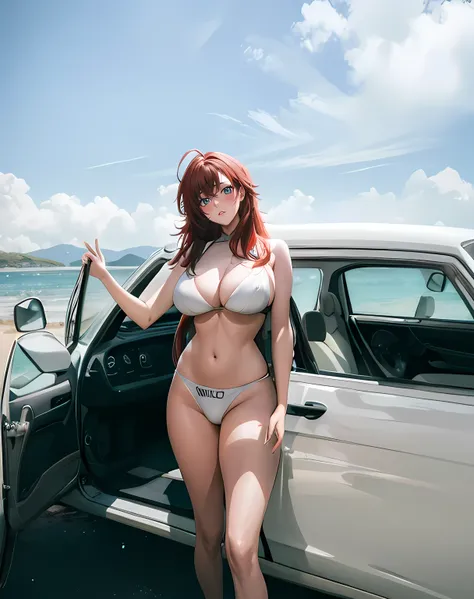 front view detailed body, long belly , Slender body, tight body , thicc, large breast, breast, long thighs, masterpiece, long hair, very long hair, bangs, red hair,hair_between_eyes, very_long_hair, red_hair, huge_ahoge, green eyes, cowboy shot, front shot...