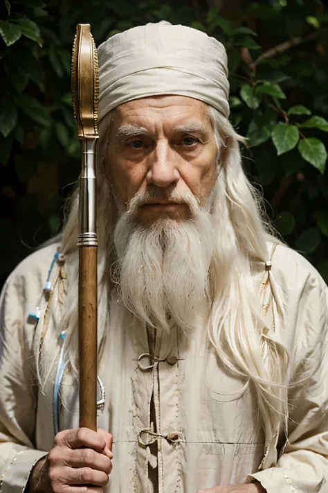 An elderly man with long white hair and a beard, deep wrinkles, and looking into the eyes, and wise eyes . He wears a traditional tunic and holds a staff.