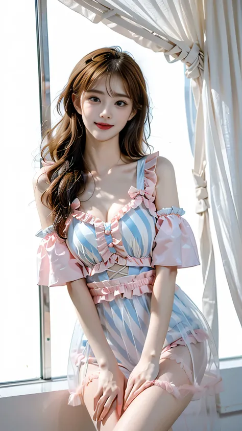 Lovely_swimsuit ((Shot in the knee)), ((Shoot at random angles)), ((Visible cleavage)), ((E Cup)), ((Type I Valley)), ((Warm colors)), Long-range shooting, A beautiful woman,Elegant Posture,permanent,fit。Her legs are thin and straight,Cross placement,Creat...