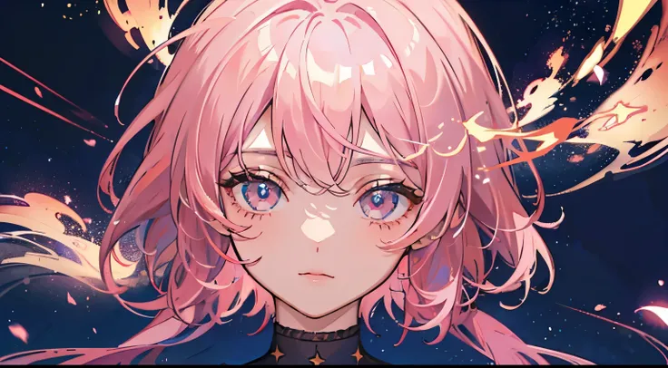 Young woman, pink hair, night sky background, starfall background, stars background, Bottom view.