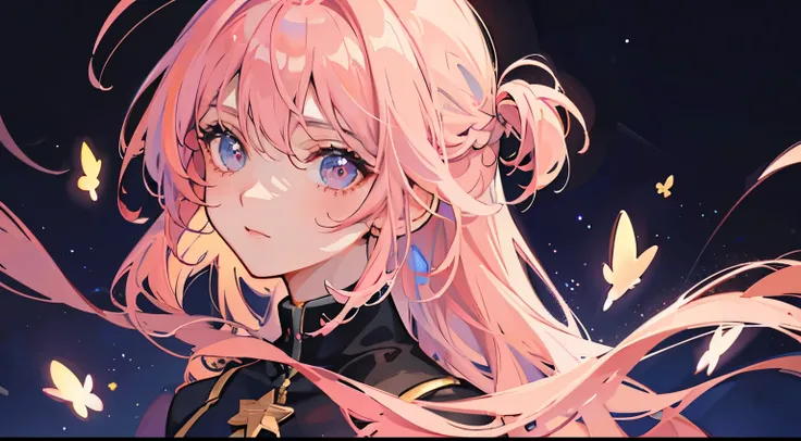 Young woman, pink hair, night sky background, starfall background, stars background, Bottom view.