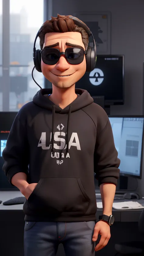 (40 year old man) ((black sweatshirt)) (usa jeans) ((White skin)) ((dark brown hair, short and disheveled)) ((gaming headphones)) ((subtle smile) ((Totally black sunglasses, You can&#39;t see his eyes)) (muscled body) ((Shaved beard)) (thin eyebrows) ((You...