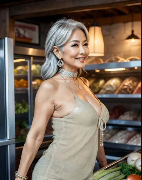 75 years old　mom　milf　Chinese Lady　large earring　Big choker　navel piercing decoration　A bracelet　Silver Hair　realisitic　Gorgeous Madame Beautiful Mature Woman　sexly　Smile　Gentle woman navel piercing　４K　High quality gorgeous madam beautiful mature woman