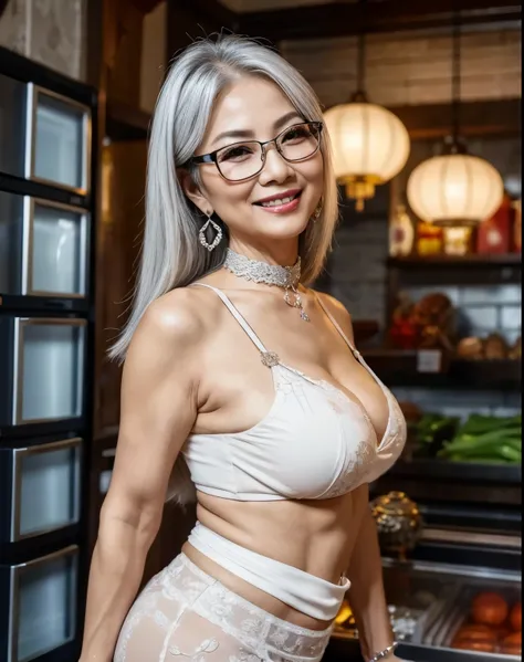 68 years old　mom　milf　Chinese Lady　large earring　Big choker　navel piercing decoration　A bracelet　Silver Hair　realisitic　Gorgeous Madame Beautiful Mature Woman　sexly　Smile　Gentle woman navel piercing　４K　High quality gorgeous madam beautiful mature woman　Gla...