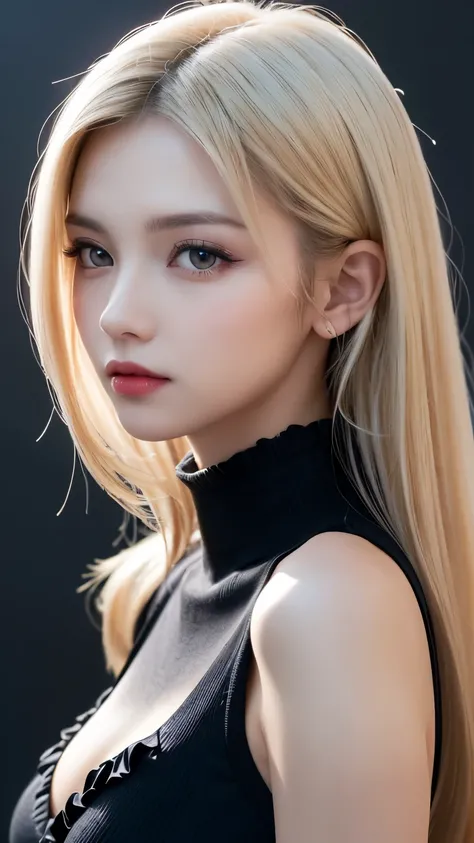 (((forehead、Extreme pose、sexy、See-through、race、A calm face、Black high neck sleeveless、White Blonde Hair、Waist-length hair、Northern Europe、White、beautiful girl、Blonde、White background、cute、Young、True Face、Shiny Hair、whole body)))、table top, highest quality,...