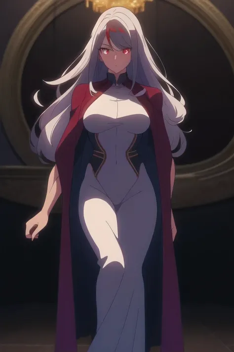 ((best quality)), ((masterpiece)), (detailed), anime depiction of a tall woman, beautiful, glowing red eyes, white hair with streaks of red, imposing, calm, god, fancy suit, long face, powerful, full body, urban setting, light muscles