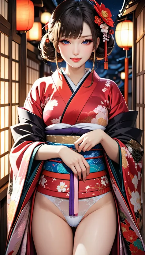 (masterpiece,Highest quality,High resolution,Highest quality,Super detailed),8k,wallpaper,An illustration,Japan,Kyoto,1 female,A courtesan stands in a narrow alley,(Looking at me),((A lewd and lascivious smile)),((A dreamy look)),(Beautiful Face,Detailed f...