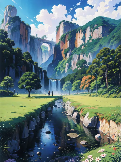 Practical, for real, Beautiful and stunning landscape oil painting Hayao Miyazaki Studio Ghibli&#39;Petal grassland with blue sky and white clouds--v6