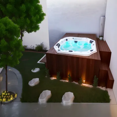 jacuzzi, A hot tub, white walls, grass on the ground and dark floor, two trees next to it, architechture, 3d, architectural project.