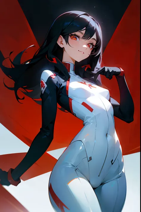 1female , Curvy , Straight Black Hair , Sanguine Res Eyes , White and Red Bodysuit , Star symbol on chest , Happy Expression , Perfect Generation , Slender Build 