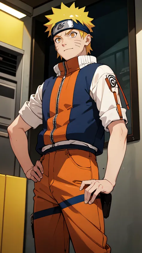 Naruto uzumaki, solo, yellow hair, orange eyes, headband, short hair, shirt, red vest, bea, blue pants,