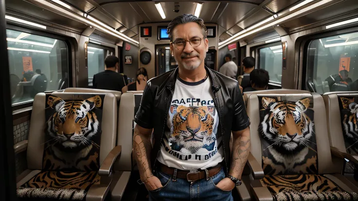 Hyper-realistic, cinematic quality futuristic train footage. Cyberpunk atmosphere. Hyper-futuristic and colorful lighting. A mix of antique and hyper-futuristic inside the train. Seats crowded with passengers; one handsome 48-year-old man stands. He wears ...