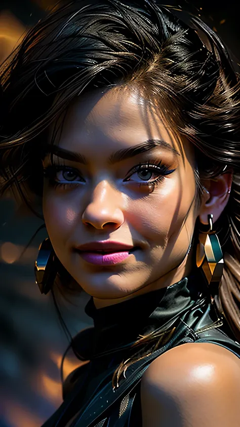 Studio Lighting,(Portraiture),(Vibrant colors),(Cool tones),(Soft moody lighting),(Sharp focus), stunning face, confident and provocative smile,Mysterious atmosphere,Dark and rough cave background, Big Tits, Decorative equipment,Fierce and powerful stance,...