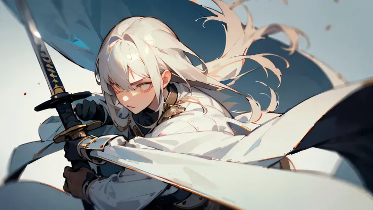 ((best quality)), ((masterpiece)), (detailed), knight，male，White long hair，pupil，Killing enemies with a long sword