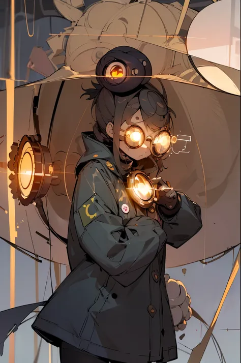 in style of Ashley Wood,1girl,raincoat，Nuclear mark，The face is a breathing mask，(The eye is a wearable cyclops lens:1.8)The lens surface lights u, school background, grown woman, mature,