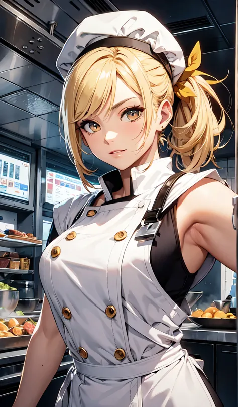 beautiful detailed girl, yellow costume, Chef in classic attire, ponytail, blonde hair, chef hat, Pose with hands together, Youthful expression, orange eyes