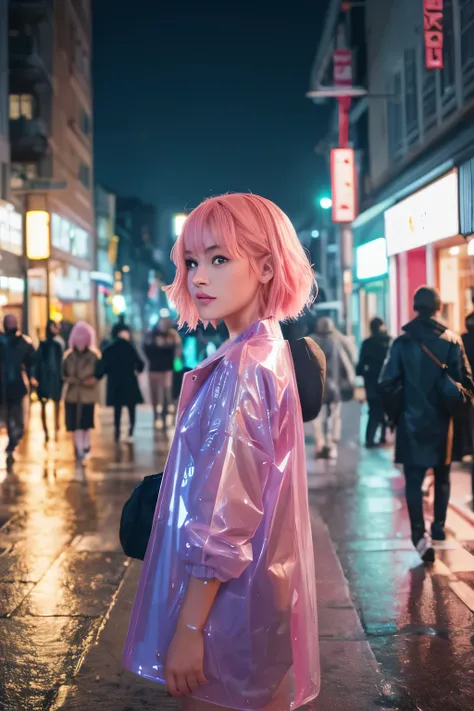 8k photo portrait of a stunning woman with pink hair in a pastel raincoat, looking at the camera, at a bustling crosswalk at night, wet reflections, Highly Detailed, studio ghibli, akira toriyama, james gilleard, genshin impact, trending pixiv fanbox, acry...