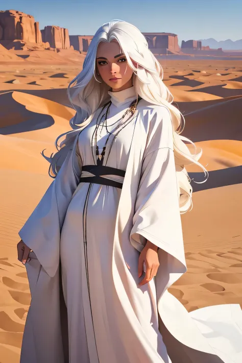 1 female, long white hair, wearing a caftan, 25 years old, desert clothes, desert background, absurdres, high res, ultrasharp, 8K, masterpiece, the image should be of absurd resolution and high detail. It should be ultra-sharp and available in 8K resolutio...