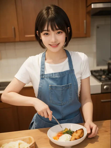 (8k, Top quality, Masterpiece:1.2), (Realistic, photo-realistic:1.37), Super detailed, perfect anatomy, a Japanese, girl, cute, small eyes, 18 years old, apron, blunt bangs, cooking, kitchen, smile,