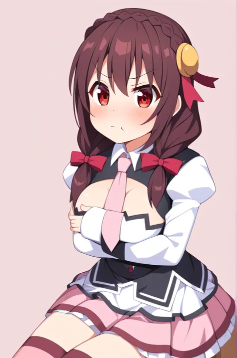 alone, One girl, Yunyun, Cute angry expression with puffed cheeks、(Puffing out my cheeks:1.4)、Blushing Looking at the viewer, Crown braids of the same color as your hair, Red Eyes、hair ornaments, Hair Ribbon, Pink tie, Long sleeve, Pink Skirt, Knee socks, ...