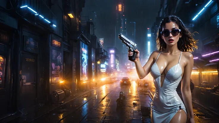 (((aerial view))), (flying cars docking platform), Blade Runner style futuristic city alley, neon lights, rainy night. (1girl, solo, alone), large-breast:1.2 slim body, cleavage:1.1, sexy wind blowing wet dress:1.4, headphone, (black sunglasses), (((she ra...