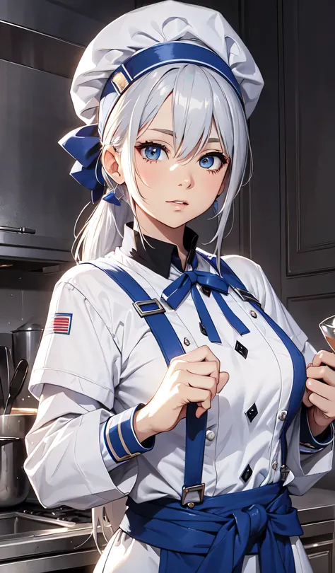 beautiful detailed girl, silver hair, blue costume, Chef in classic attire, ponytail, silver hair, chef hat, Pose with hands together, Youthful expression, brown eyes