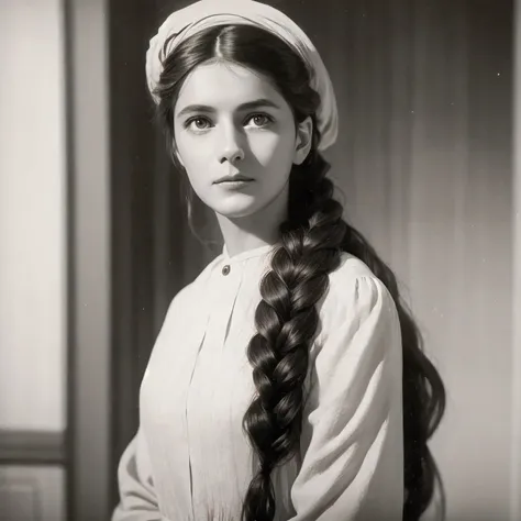 arafed photo of a woman with a braid in her hair, in her early 20s, maria fortuny, marianne collins, nadezhda tikhomirova, photo...