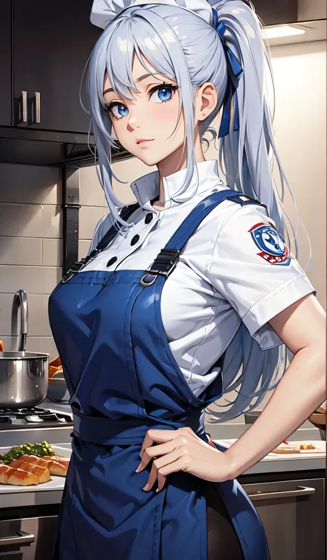 beautiful detailed girl, silver hair, blue costume, Chef in classic attire, ponytail, silver hair, chef hat, Pose with hands together, Youthful expression, brown eyes