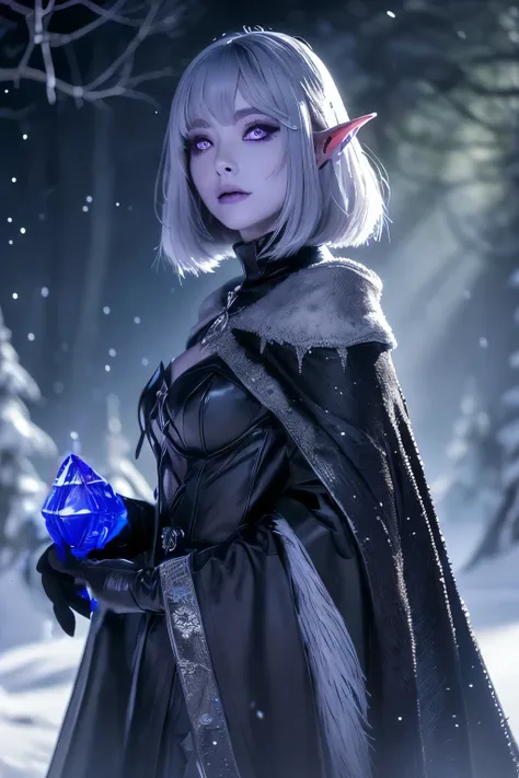 (black gloves, precise fingertip description, blue starry glowing ice crystals in her hands:1.3)