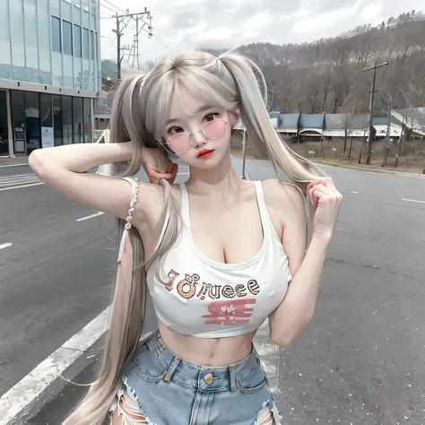 Top image quality、Raw photography、超A high resolution、18-year-old Korean、Glasses beauty、Colossal tits:1.5、cleavage of the breast:1.6、Healthy complexion、shiny white skin、((Hold twin tails))、((Light brown silver hair))、Beautiful eyes with random colors、very t...