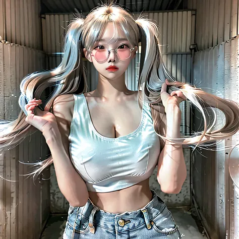 Top image quality、Raw photography、超A high resolution、18-year-old Korean、Glasses beauty、Colossal tits:1.5、cleavage of the breast:1.6、Healthy complexion、shiny white skin、((Hold twin tails))、((Light brown silver hair))、Beautiful eyes with random colors、very t...