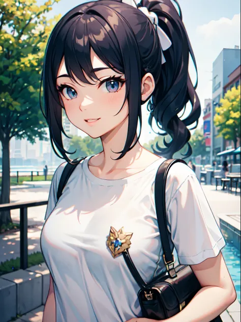 ((best quality)), ((masterpiece)), (detailed), 1 Girl, casual shirt, Ponytail, Asian, Blue Hair, happy