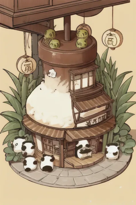 bamboo tea cover prompt
create a whimsical scene featuring pandas operating a bamboo tea shop inside a hollowed-out bamboo stalk...