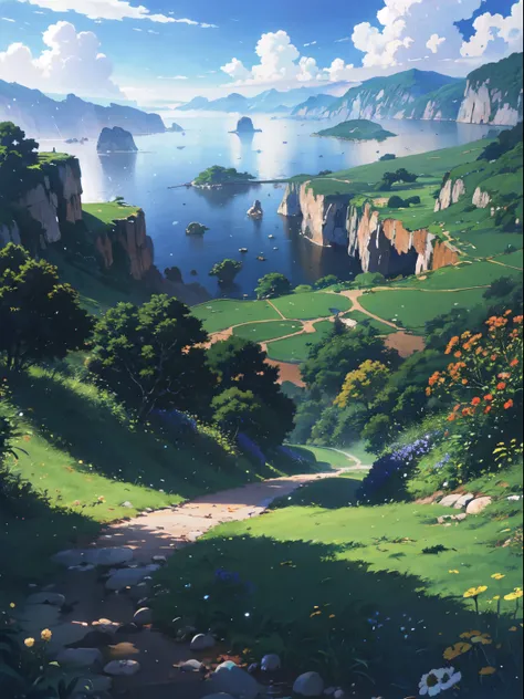 Practical, for real, Beautiful and stunning landscape oil painting Hayao Miyazaki Studio Ghibli&#39;Petal grassland with blue sky and white clouds--v6