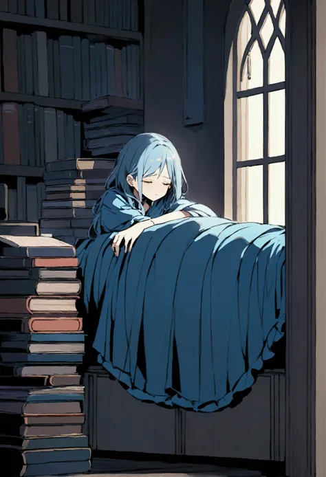 A sad woman in a blue dress, Despite accepting，But she still cried silently on the bed, In front of the moonlight window，Surrounded by books