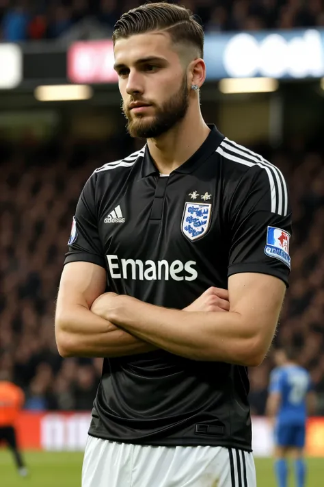 English soccer defender, 20 years old, 193 cm tall, dark brown hair, side part hairstyle, full beard, barber cut beard, black jersey, crossed hands, diamond earring