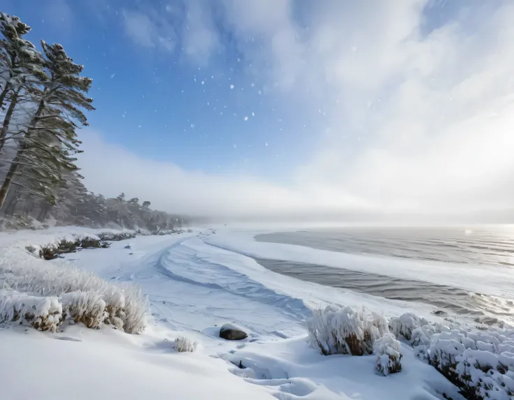 Views of snow in winter, snowfall, and the ocean becoming frozen