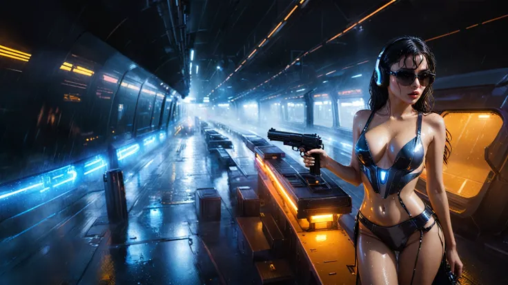 (((aerial view))), Blade Runner style futuristic railway platform, hi-tech train, neon lights, rainy night. (1girl, solo, alone), large-breast:1.2 slim body, cleavage:1.1, sexy wind blowing wet dress:1.4, headphone, (black sunglasses), (((she raised a pist...