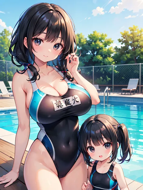 (pool:1.5),(Eight-headed mother:2.0), ((Cleavage:1.5)),(Smiling Beam:1.5), ((Mother showing her huge breasts:1.5)), ((blue competitive swimsuit:2.0)),Female 2,Mother and daughter,Highest quality, 4K, masterpiece, Very detailedな, Studio Lighting, Hilarious,...