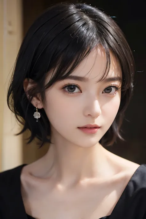 (((Black Short Hair))), (Louvre Museum), Seductive pose, Background is grassland、Image from chest up:1.6)、Close-up portrait of a woman wearing a white off-the-shoulder top dress and earrings, Soft portrait shot 8k, Nice delicate face, High-quality 4K portr...