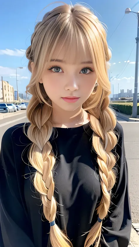 Sexy Big 、Sexy cute looks and cute 15 year old beautiful girl, beautiful and sexy face、A strong wind blows my hair in front of my face、beautiful long blonde French braided hair、beautiful, Cute and sexy eyes hidden behind long bangs