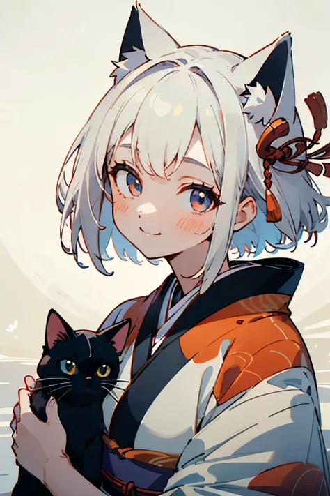 ((Highest quality)), ((masterpiece)), (detailed), One girl, kimono、Eyes are white、Her hair is half black and half white.、Short Hair、Smiling、Cat ears on the head 