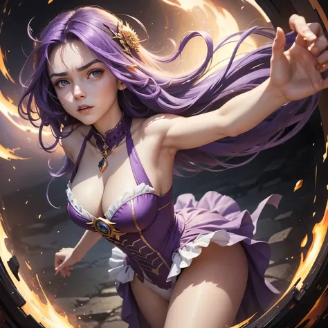 Zerg Queen Beautiful Girl: Lanlinger, 18 years old, with messy dark purple hair, depicted in an oil painting style. She has a beautiful perfect face, soft skin, with light violet and red hues added. Lanlinger is wearing a purple dress and has a worried loo...