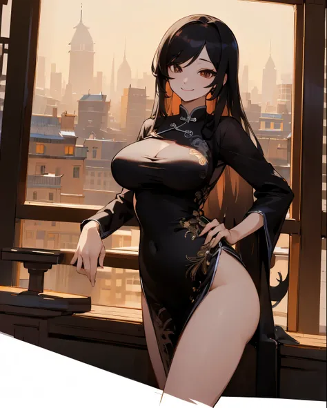 ((masterpiece)), ((highest quality)), (super detailed), ((sexy)), (device)3, genuineistic, genuine, whole body, building, bar, city, town, in the room, Beautiful woman, alone, China dress, beautiful black hair, beautiful brown eyes, ((beautiful eyes)), lon...