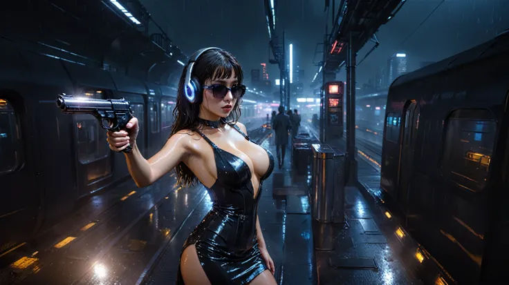 (((aerial view))), Blade Runner style futuristic railway platform, hi-tech train, neon lights, rainy night. (1girl, solo, alone), large-breast:1.2 slim body, cleavage:1.1, sexy wind blowing wet dress:1.4, headphone, (black sunglasses), (((she raised a pist...