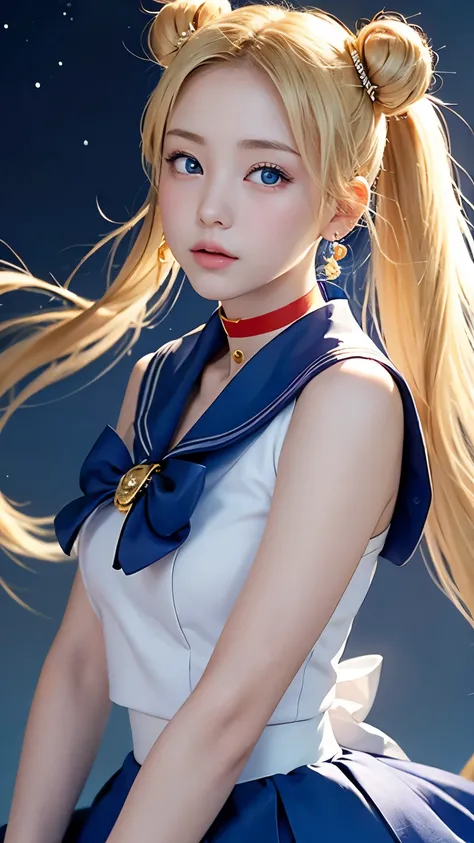masterpiece、high quality、High resolution、Realistic、professional lighting、Japanese、woman、young、White skin、slender、Sailor Moon, Usagi Tsukino, Sailor Warrior Uniforms, Red choker,Blue Collar, Red ribbon on chest, White gloves, Red ribbon at waist, Very short...