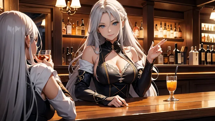 A beautiful woman sitting and having fun, a beautiful woman with long grey hair, a bar where everyone is having fun, anime, heartwarming, medieval, bard, epic,