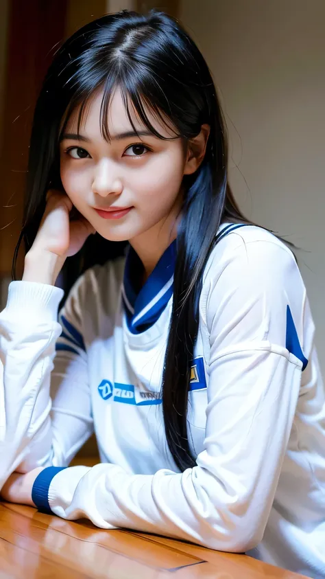 ((Highest quality, masterpiece, Ultra-high resolution, (Realistic:1.4), RAW Photos)),  Ezvian everywhere, One Girl, Famous Japanese idols, 17 years old,　Volleyball Uniforms、 Show Viewer, Very cute face,  Kind eyes、Very beautiful black hair, Long Bob Hair、D...