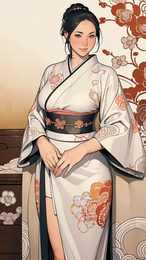 (masterpiece:1.2),(Highest quality),(Super detailed),(High resolution),8k,wallpaper,(An illustration),1 girl,,A woman is standing,Thick thighs,front,look at me,((smile)),Beautiful kimono,(((Intricate designs and patterns inspired by Asian art))),(((Hand,de...