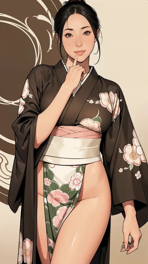 (masterpiece:1.2),(Highest quality),(Super detailed),(High resolution),8k,wallpaper,(An illustration),1 girl,,A woman is standing,Thick thighs,front,look at me,((smile)),Beautiful kimono,Obscene loincloth,(((Intricate designs and patterns inspired by Asian...